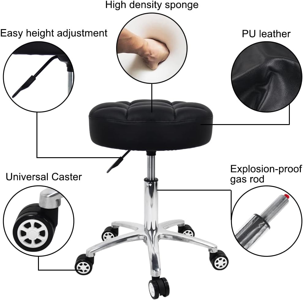 WKWKER Rolling Stools Thicker PU Leather Cushion 360° Swivel Stool with Wheels Hydraulic Lift Support Height Adjustable Rolling Stool Chair for Kitchen Drafting Lab Office Salon Massage Stool（Black）