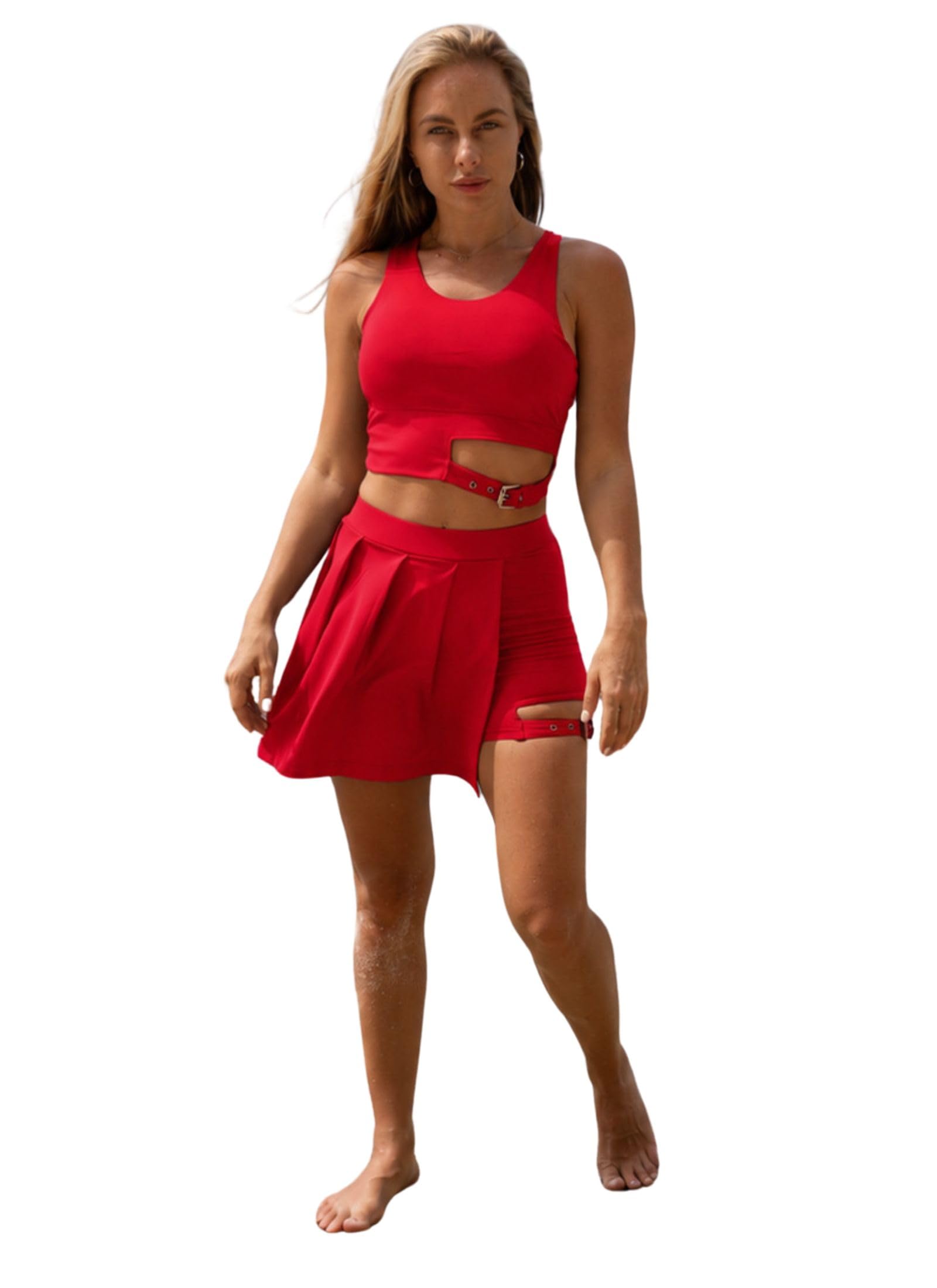 keepfit Women Orange Crop top & Pleated Skirt Swimwear Set-picture-43