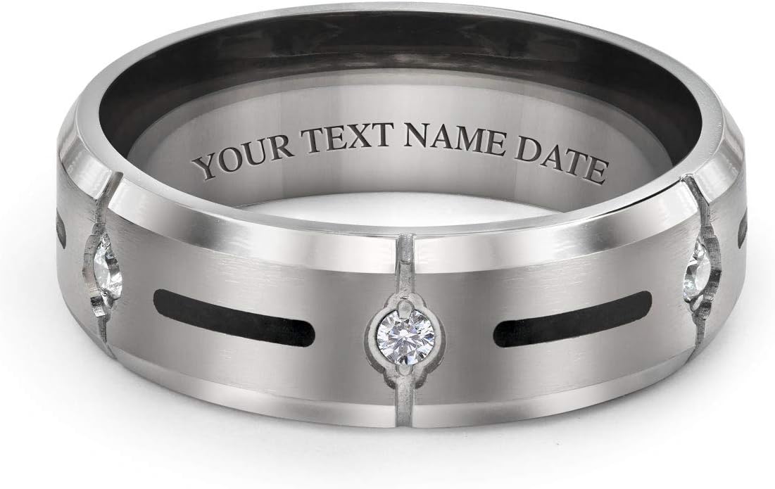 Mens Titanium Wide Wedding Band Ring With Black Inlay and AAA CZ Cubic Zirconia Accent in Silver Tone