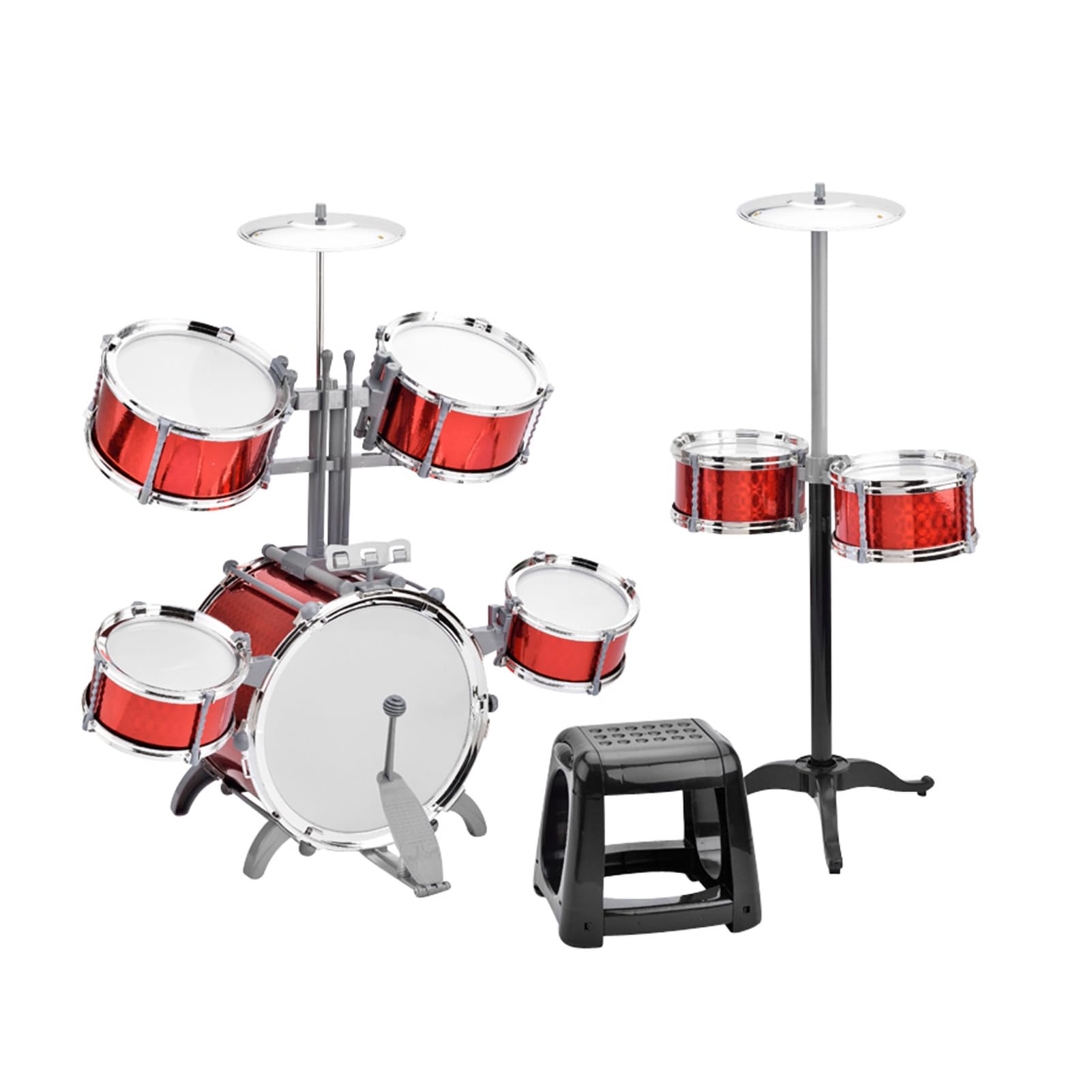 Dilwe Dynamic Addition Juego de Batería de PVC de 7 Piezas con Taburete, Construcción Engrosada para Principiantes, Juego de Instrumentos Musicales (rojo)