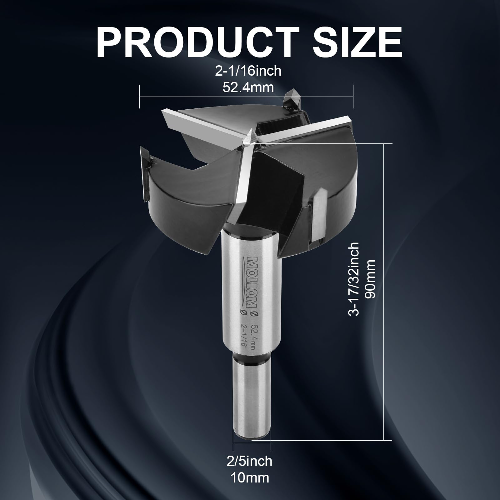 Mollom (52.4mm | 2-1/16") Wiertło Forstnera o trzech rowkach do obróbki drewna,z trzema ostrzami z węglika YG8 (gr. 2,0 mm).Zestaw tnący do zawiasów:drewno twarde/miękkie,tworzywa sztuczne