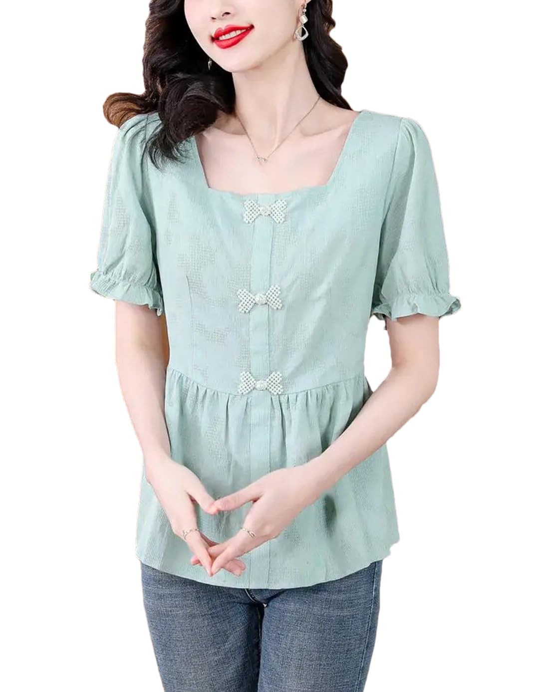 Camicia da donna a maniche corte estiva da ufficio con fiocco e bottoni, scollo quadrato, in cotone
