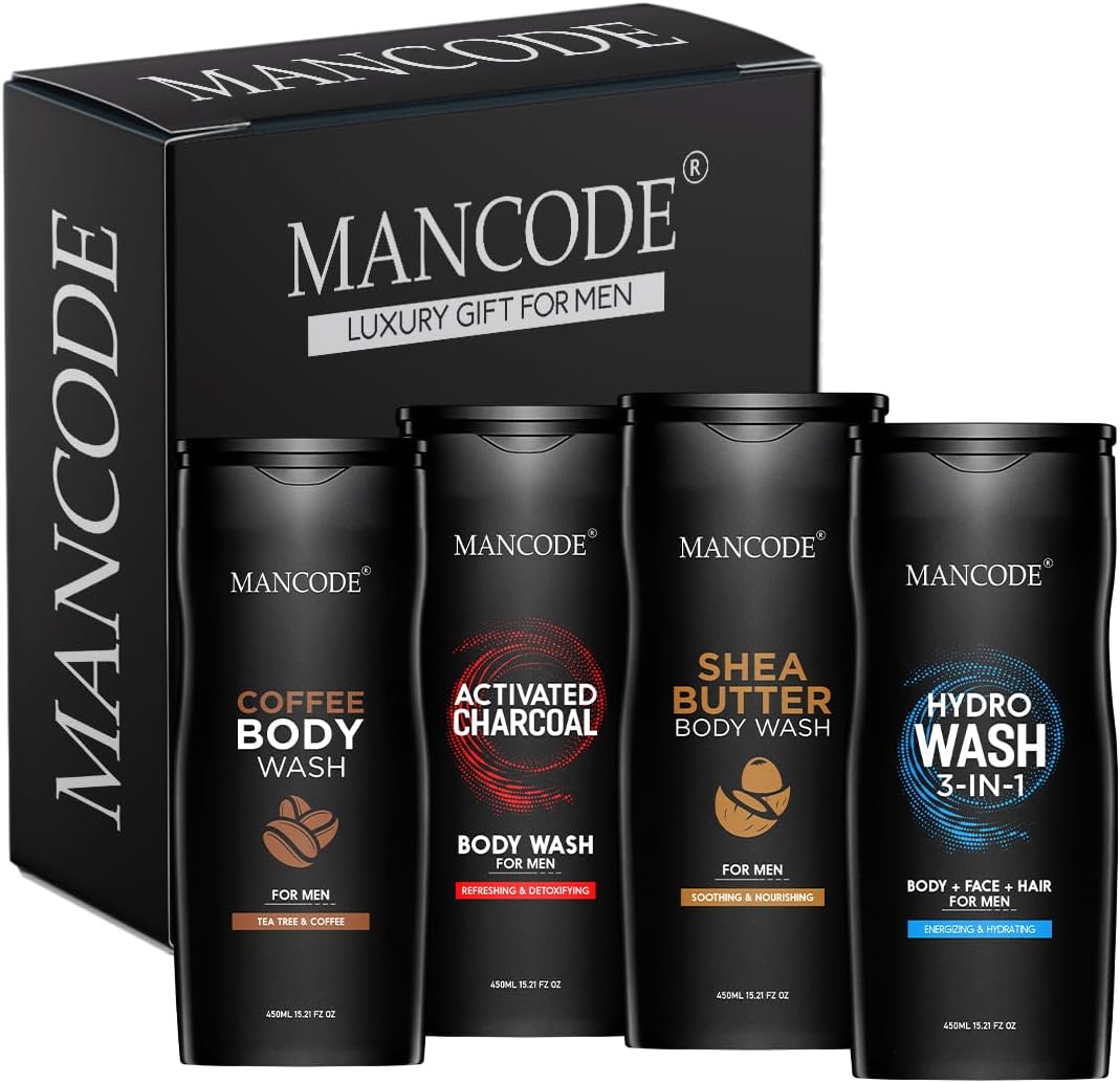 MANCODE Body Wash For Men Refreshing & Detoxifying Treats Oily Skin For Men Size Bottle - 450Ml (Shea Butter Coffee Charcoal Hydro Body Wash Gel, Pack Of 4).