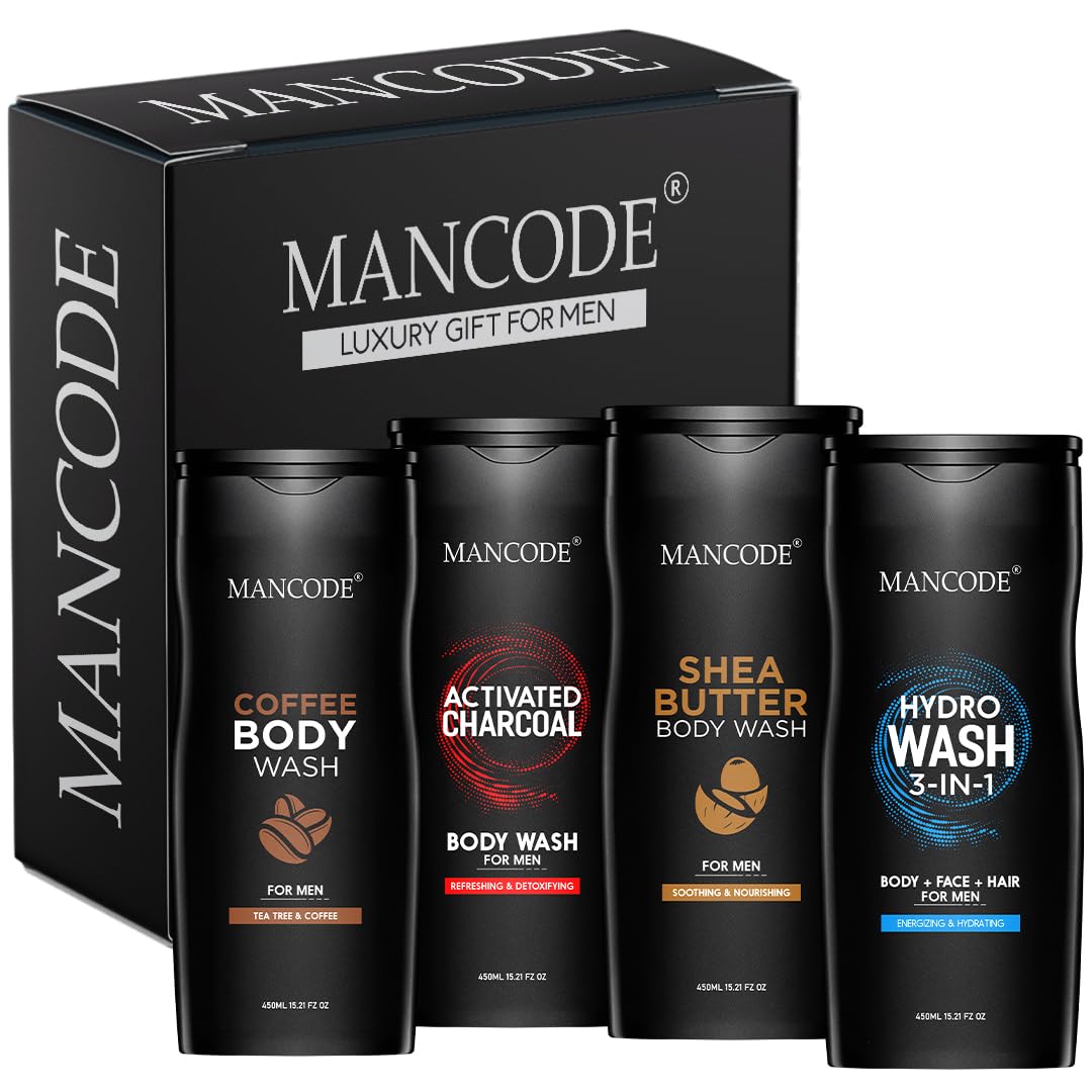 Man Code Body Wash for Men Refreshing & Detoxifying Treats Oily Skin Body Wash Gel for Men Size One Bottle - 450ml (Shea Butter Coffee Charcoal Hydro Body Wash Gel, Pack of 4)