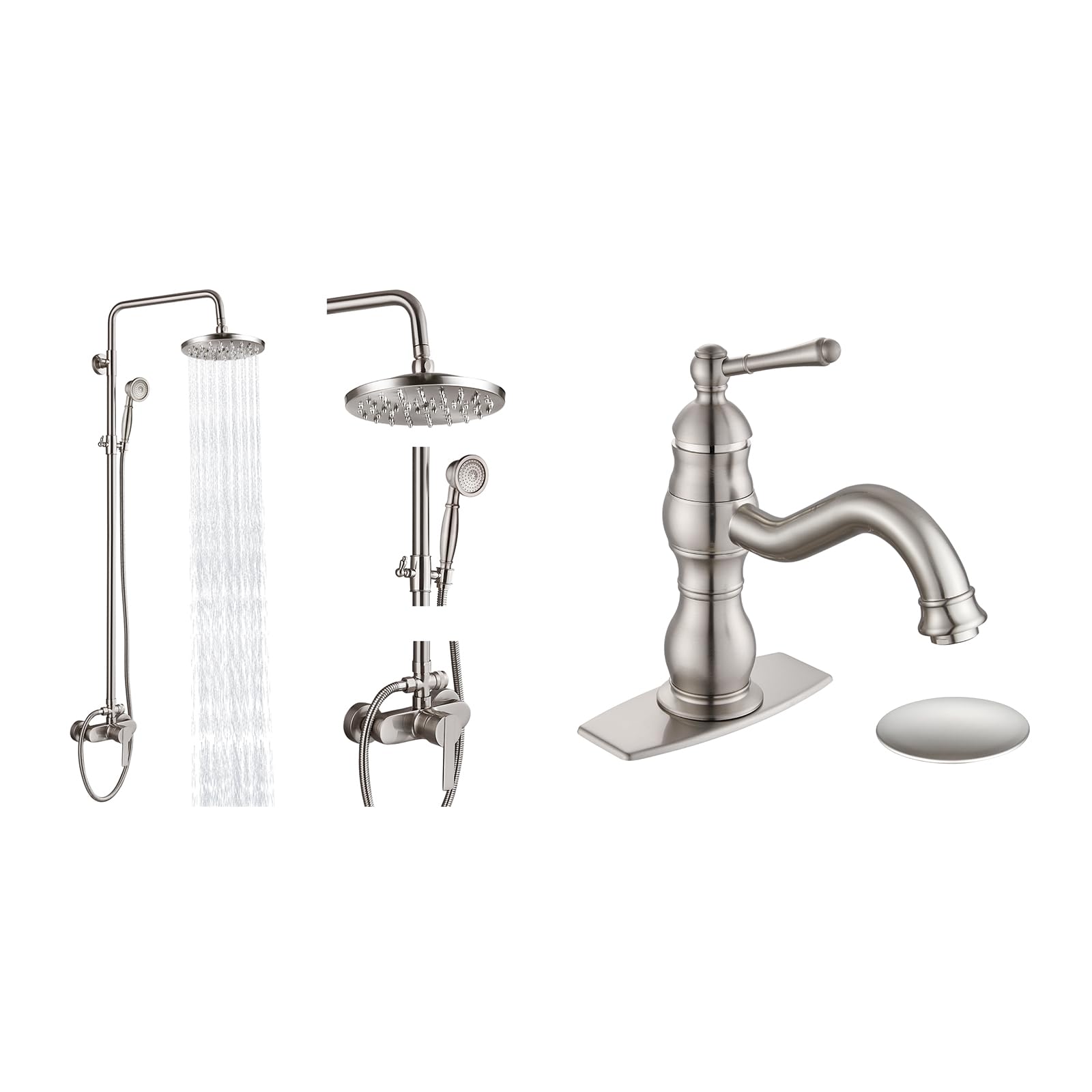 Hcfyauis Men's Exposed Pipe Shower System Brushed Nickel 8 Inch Rainfall Showerhead Shower Faucet With Single Handle Vanity Mixer Tap Include Pop Up Drain