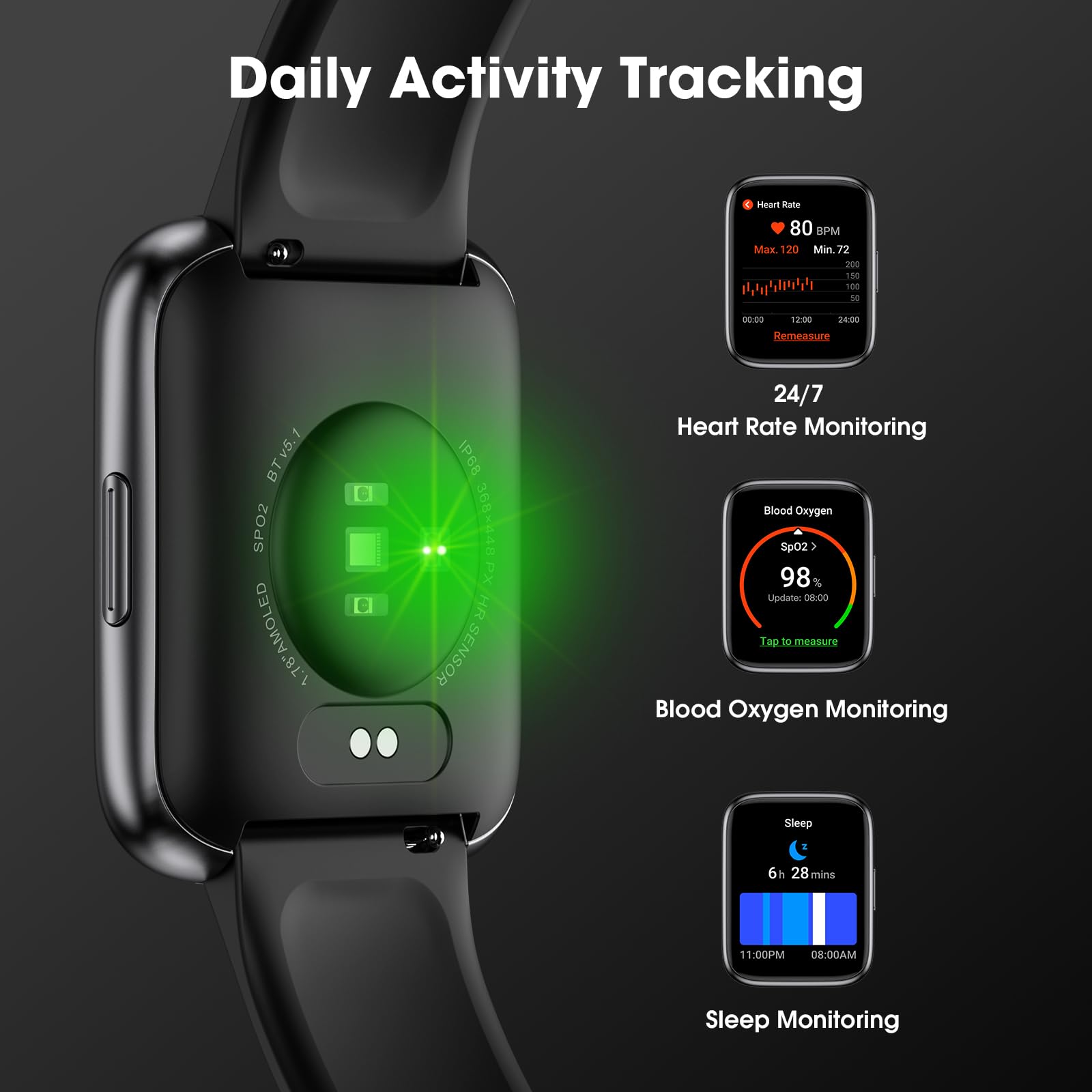 EURANS Smart Watch 44mm, AMOLED Always-on Display Fitness Watch with Heart Rate/Sleep Monitor Steps Calories Counter, IP68 Waterproof Activity Tracker Compatible with Android iOS