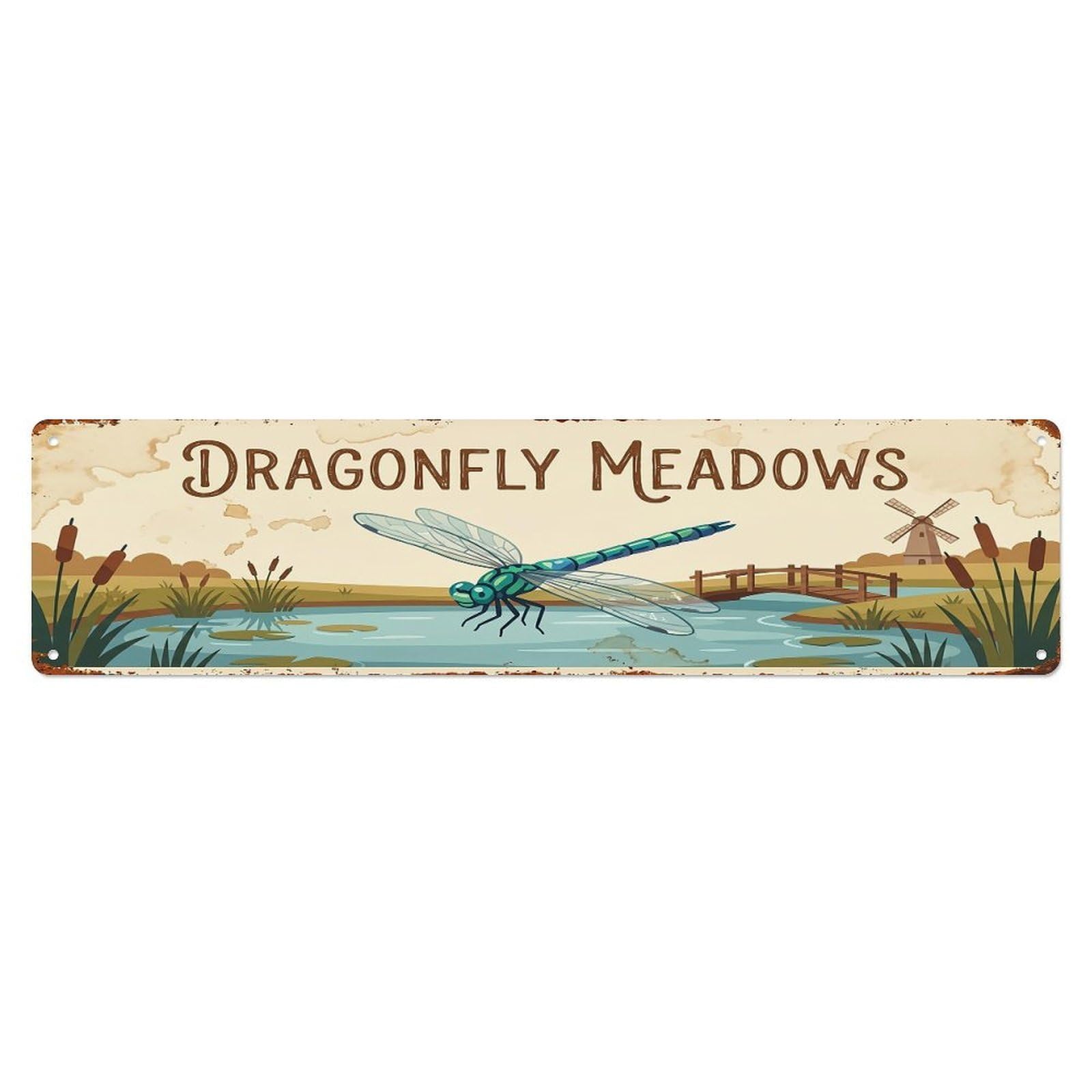Vintage Dragonfly Farm Scene Dragonfly Meadows Metal Tin Sign