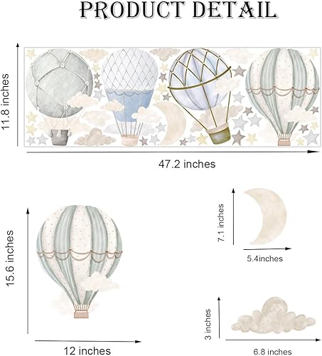 Miniatura 6 de Calcomanías de pared de globo aerostático en acuarela, estrellas y nubes, calcomanías de vinilo para pared, despegar y pegar, ilustraciones