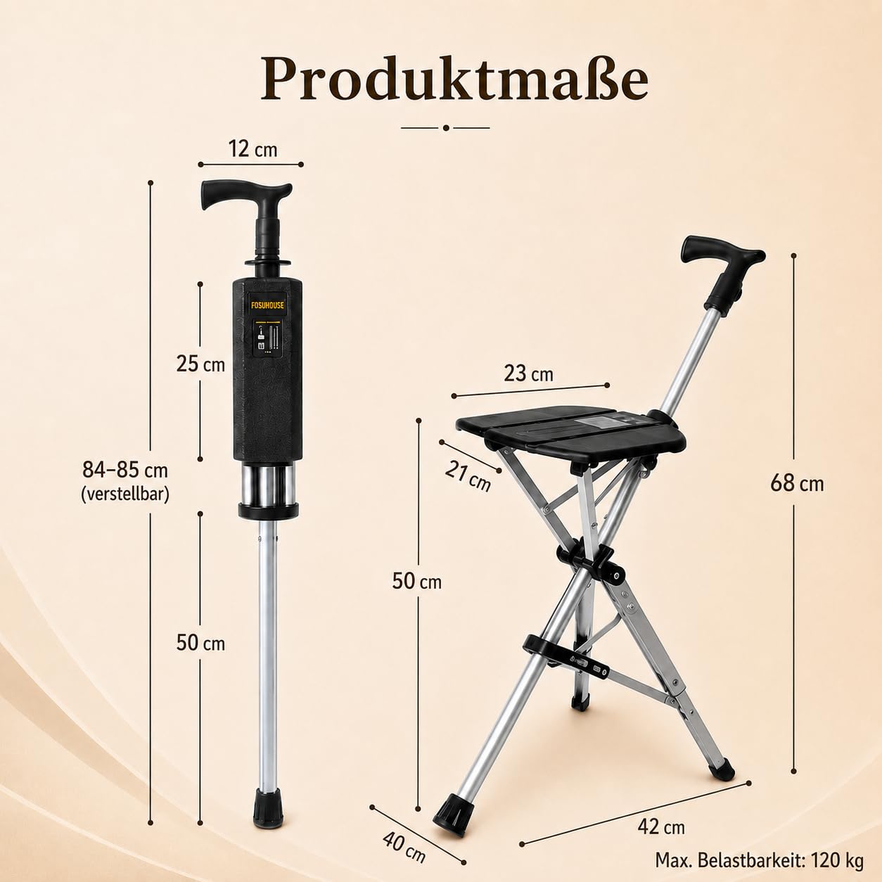 Faltbarer Gehstock mit Sitz, Aluminium Sitzstock bis 120 kg | Klapphocker für Wandern, Camping, Reisen und Schlange stehen