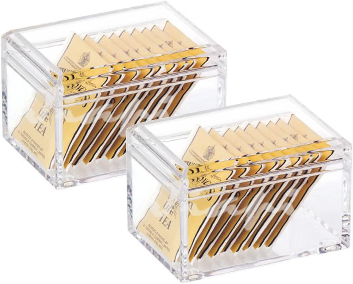 Sizikato 2pcs Clear Acrylic Sugar Packet Holder with Lid, Square Tea Bag Bowl, 4 Inches