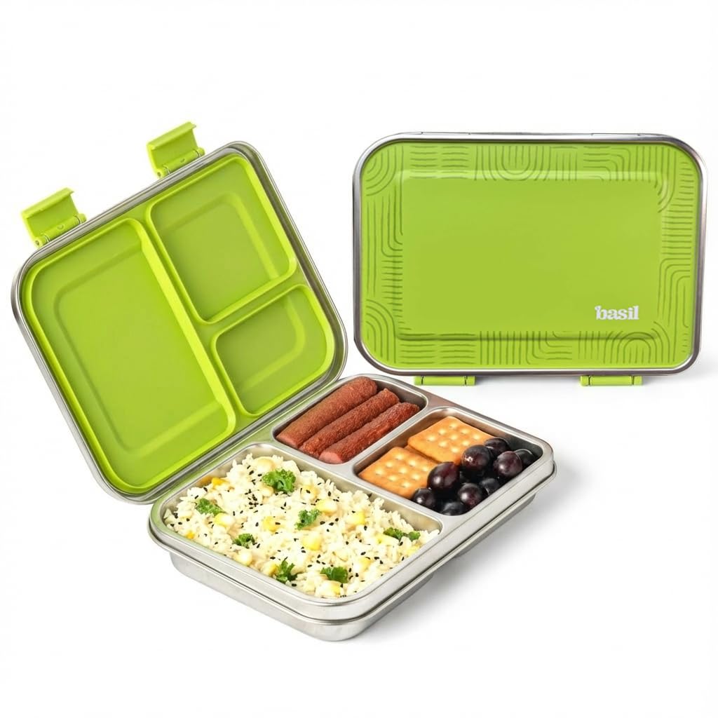 Basil Bento Neo Classic 2025 – New & Improved, 1000ml 3-Compartment Stainless Steel Lunch Box for Adults, Teens & Kids | Leak-Proof & Easy to Open Tiffin for Office, School, College - Matcha