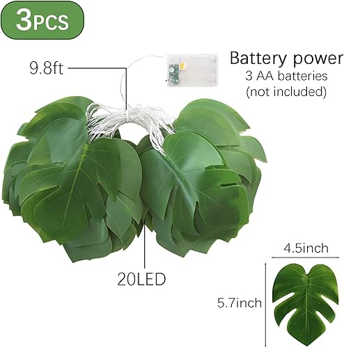 Miniatura 2 de ZIFTY Paquete de 3 tiras de luces de hoja de Monstera de 30 pies, 60 LED (10 pies 20 LED cada uno), hojas de palma de ratán tropical, plantas