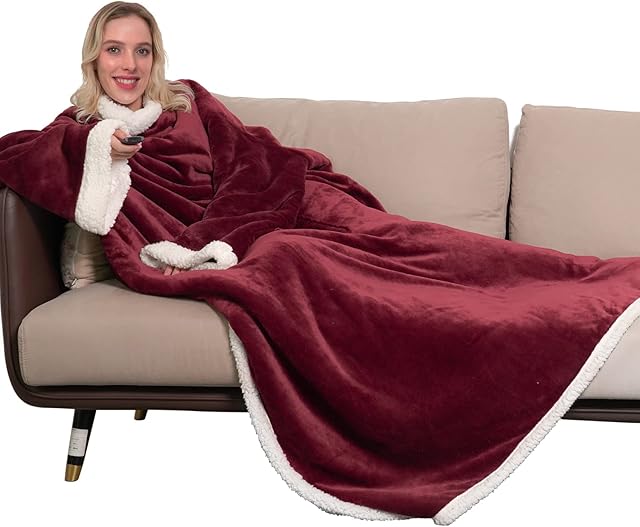 Winthome Wearable Blanket with Sleeves, Soft and Warm Sherpa Blanket for Adult Women Men (Wine Red)