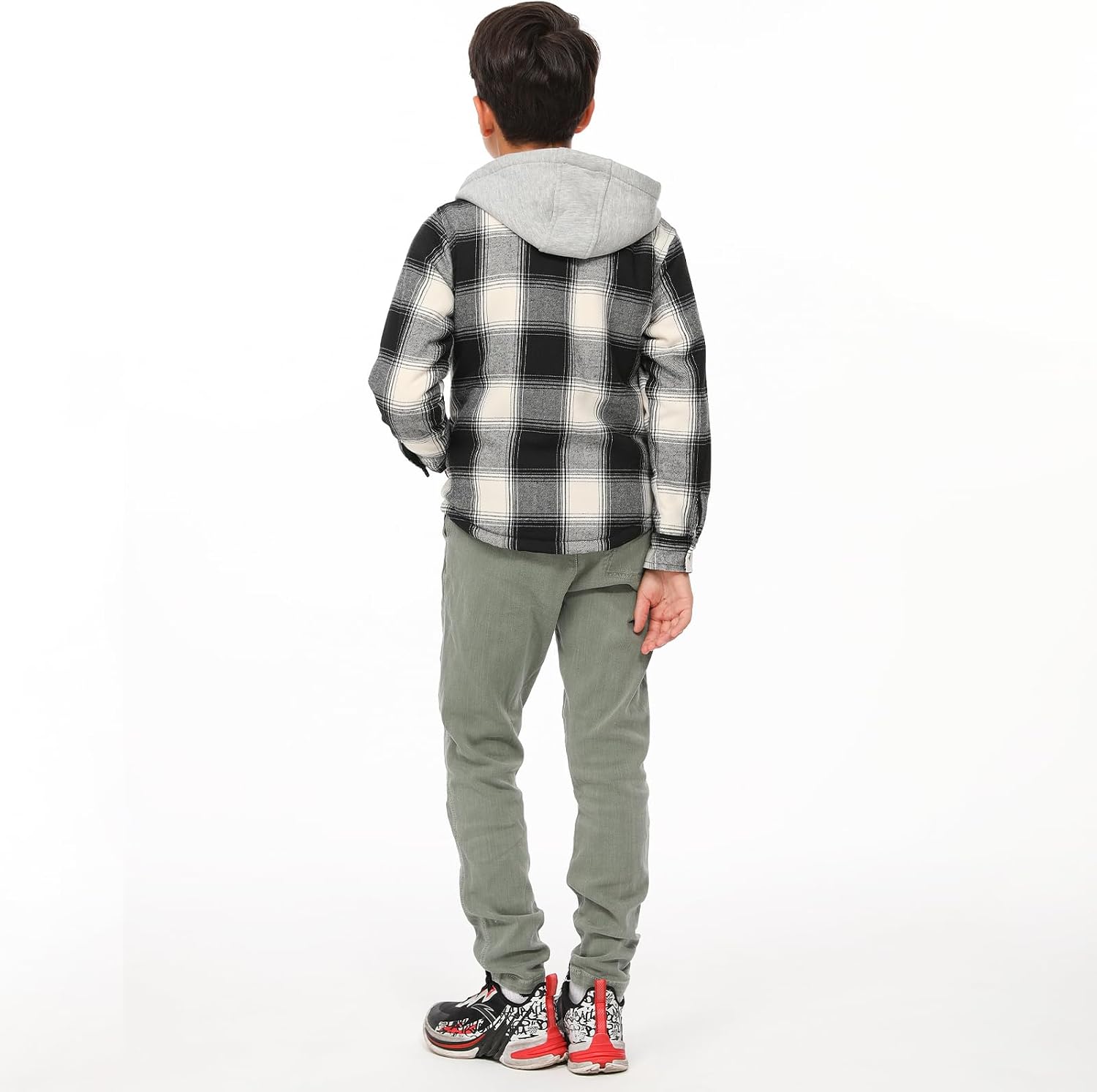 ThCreasa Unisex Toddler and Kids Plaid Snap Sherpa Lined Flannel Shacket Shirt Jacket with Hood
