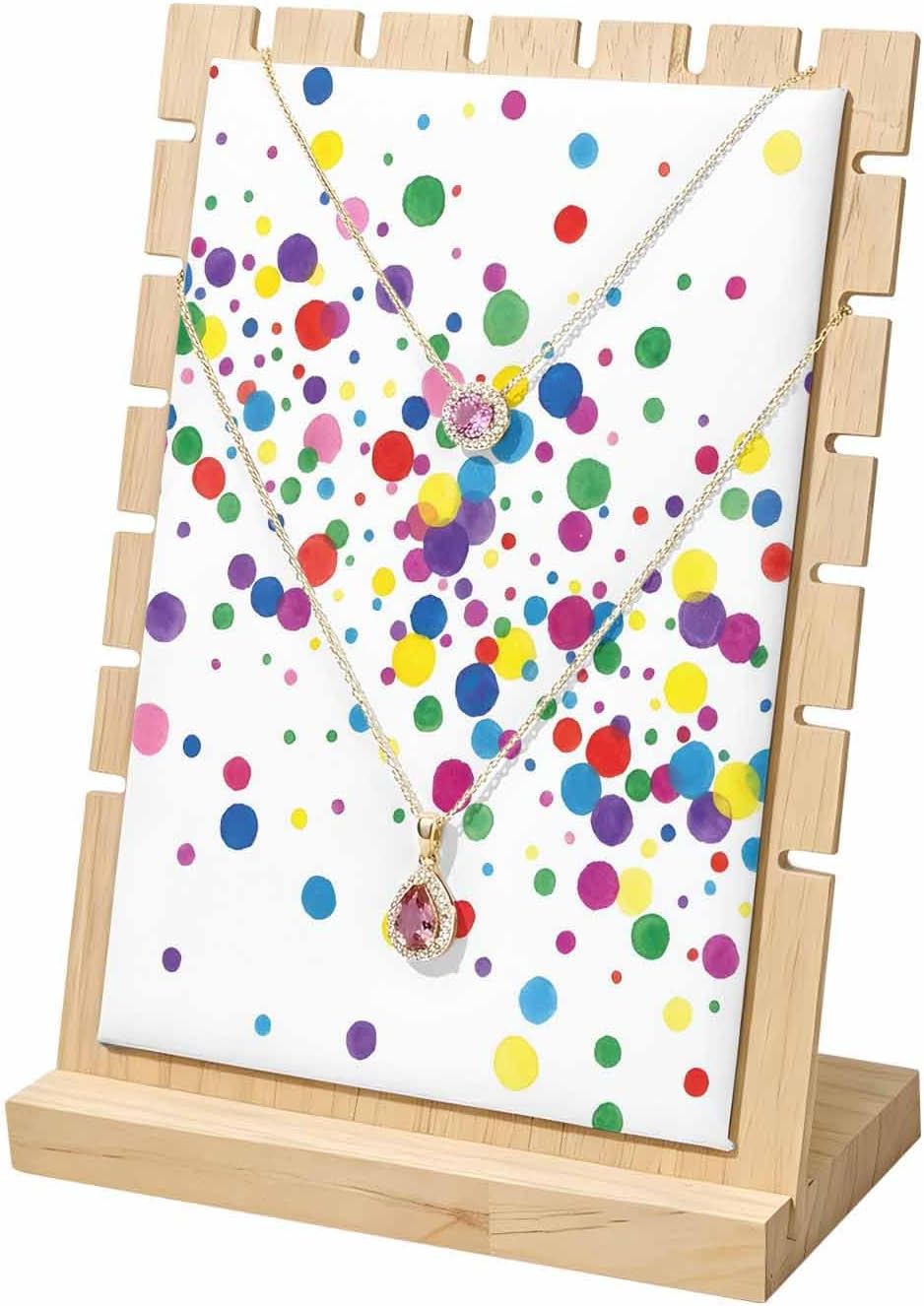 Necklace Display Stand,Watercolor Dot Polka on White Wooden Pendant Necklaces Holder Stands with PU Panel Funny Colorful Circle Jewelry Rack Organizer for Vendors and Home,7x3x9in