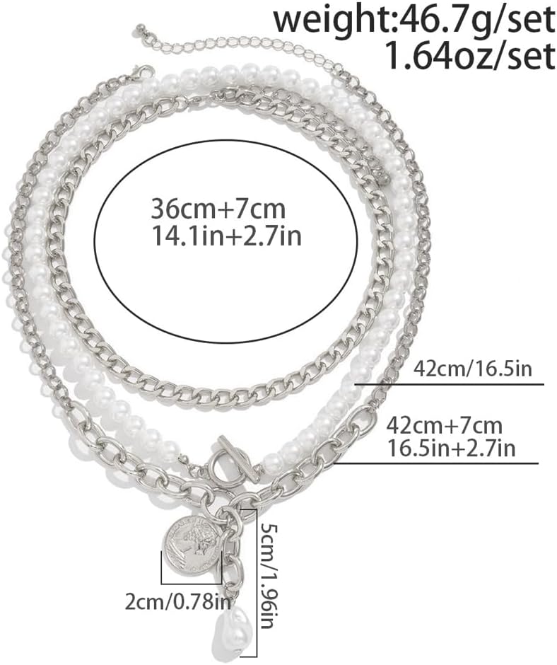 Gold Chunky Pearl Necklace for Women,Layered Stackable Metal Chain Pearl Beaded Choker,Trendy Portrait Pendant Short Necklace Cocktail Jewelry - Image 4