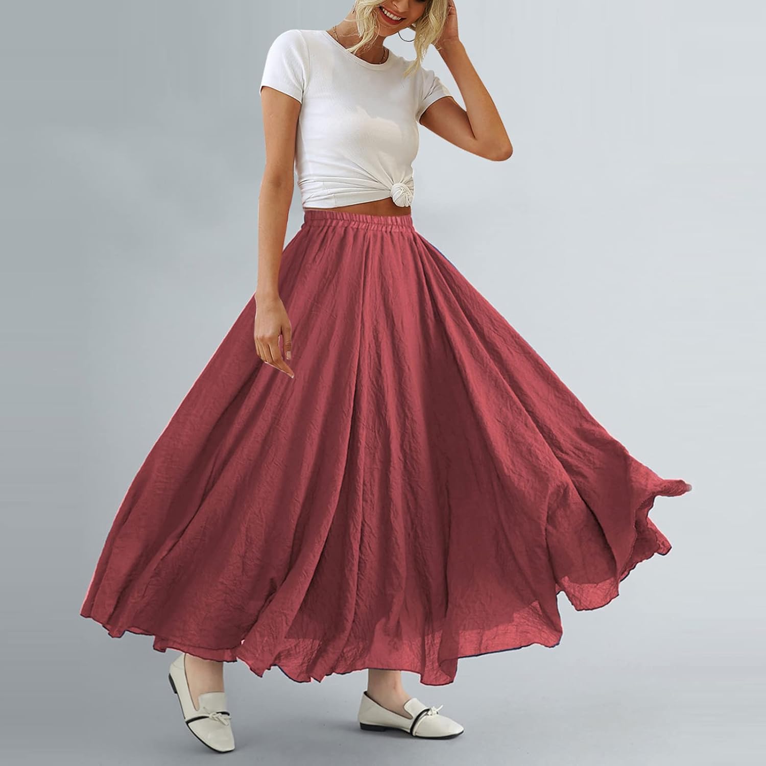 ASHER FASHION Women's Bohemian Style Elastic Waist Band Cotton Linen Long Maxi Skirt Dress - Image 5