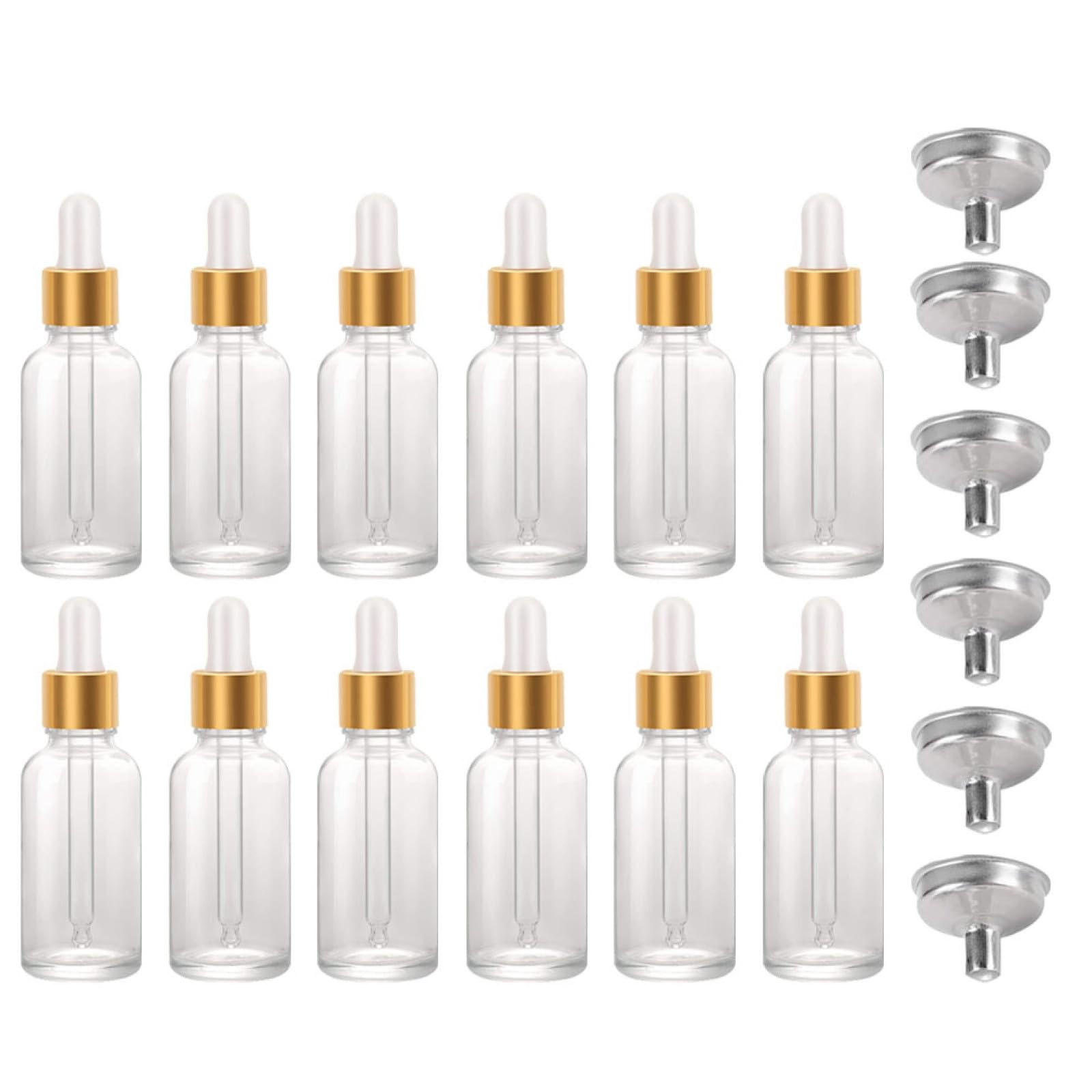 24 Stück 30-ml Transparente Glas Tropfflaschen mit Pipette | 6 Edelstahl Trichter, Nachfüllbar und Auslaufsichere Kappe, für Flüssigkeiten und Parfüms