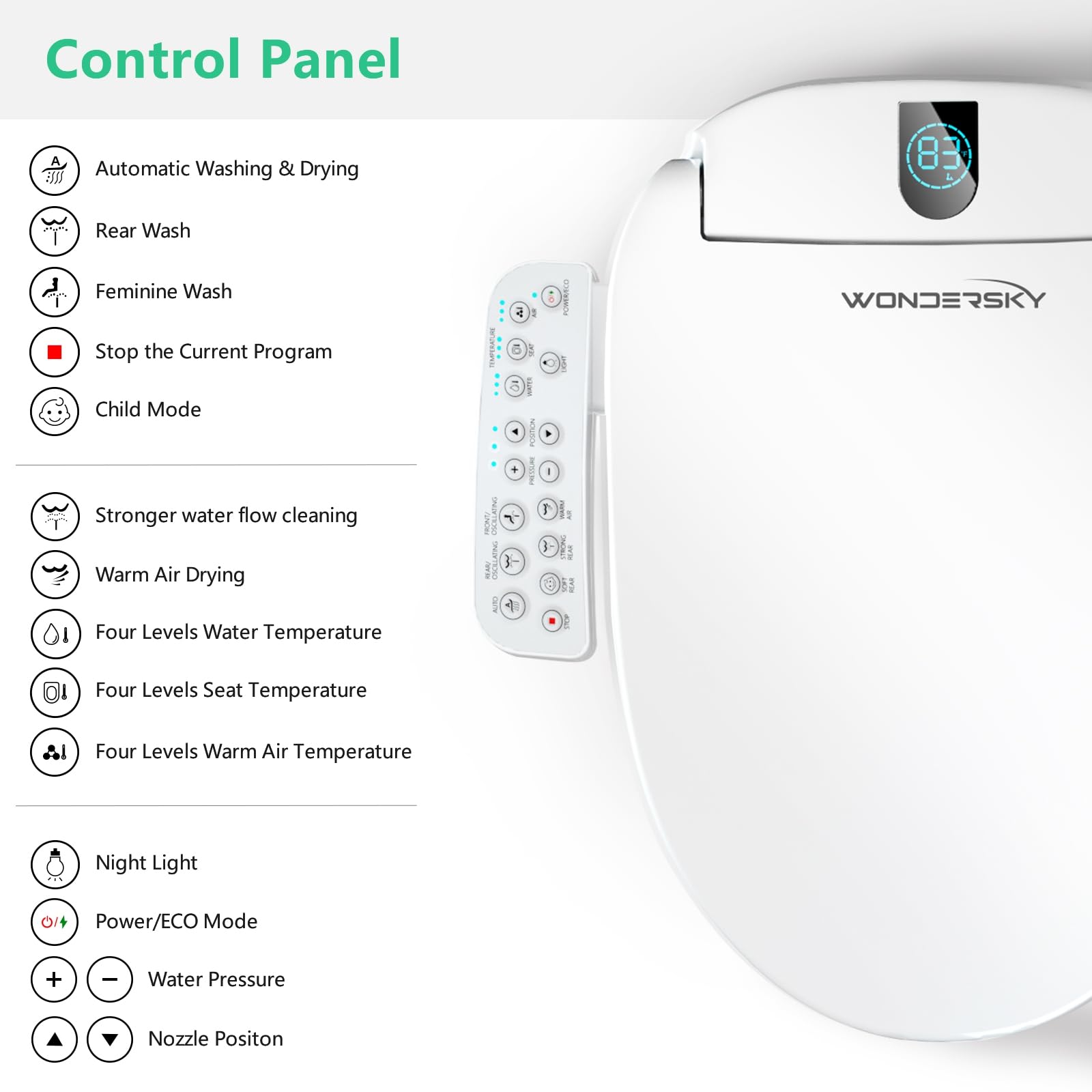 WONDERSKY Elongated Bidet Toilet Seat Smart Heated Toilet Seat with Warm Water and Dryer Soft Close Bidet Seat — view 2