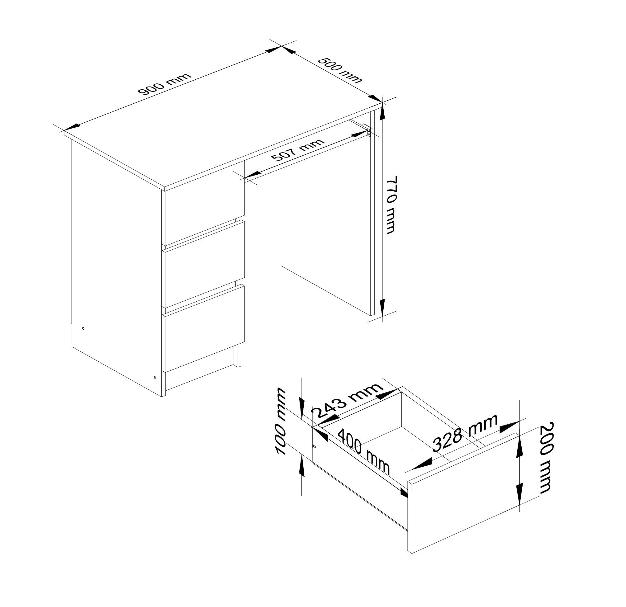 AKORD Escritorio A-6 con Estante para Teclado y 3 cajones a la Izquierda o a la Derecha | Escritorio de Oficina | Escritorio para Ahorrar Espacio | 90x77x50cm 30 kg (Blanco)