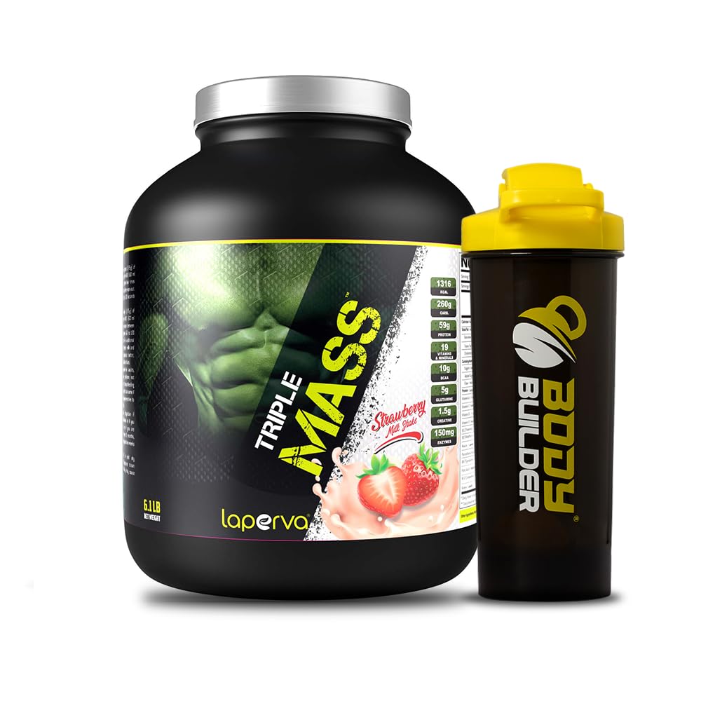 Laperva Triple Mass Gainer Protein Powder, High Calorie Weight Gainer with Glutamine & Added Essential Fatty Acids (6 Lbs, Strawberry) Strawberry 6 Lbs