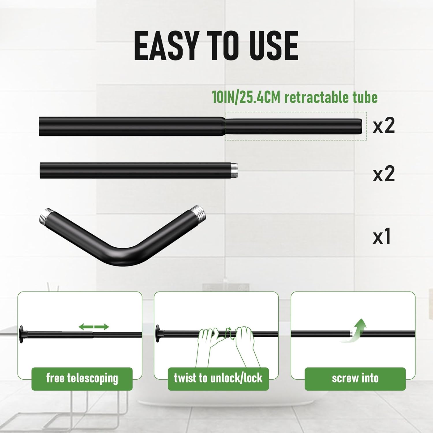 L Shaped Shower Curtain Rod - [23''-53''] x [23''-53''] Adjustable Corner Shower Curtain Rod 90 Degree Black for Bathroom Bathtub, Clothing Store with 12 Ring Hooks & Ceiling Support