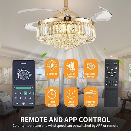 Miniatura 6 de Ventiladores de techo de 42 pulgadas con luz, ventilador de techo de araña, ventilador de techo retráctil de cristal para dormitorio, sala de estar,