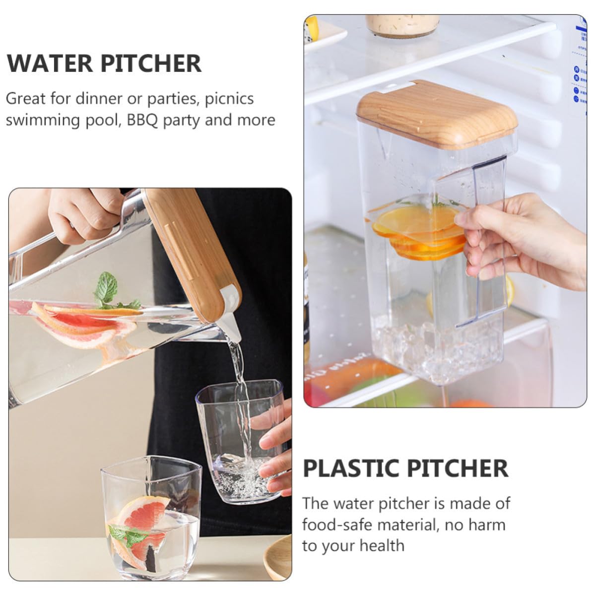 Jarra de Agua Fría de Plástico Asa 1600ml y Tapa Madera | As y Pp, Transparente, para Bebida Casera y Té Helado, Uso en Cena o Barbacoa