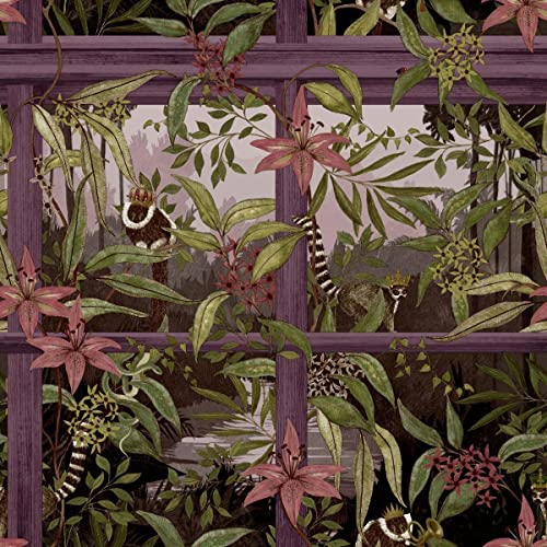 Holden Decor Outside in Tropical Window Plum Wallpaper 13141 - Lemurs