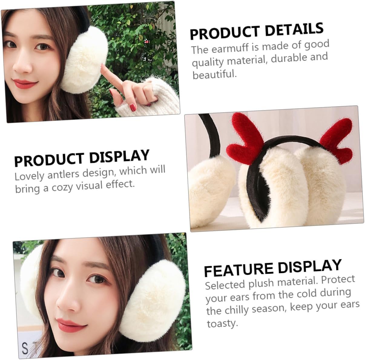 Ipetboom Plush Antler Ladies Earmuffs Winter Ear Warmers Soft Ear Covers for Outdoor Skiing Snowboarding Ice Skating Cold Weather Protection