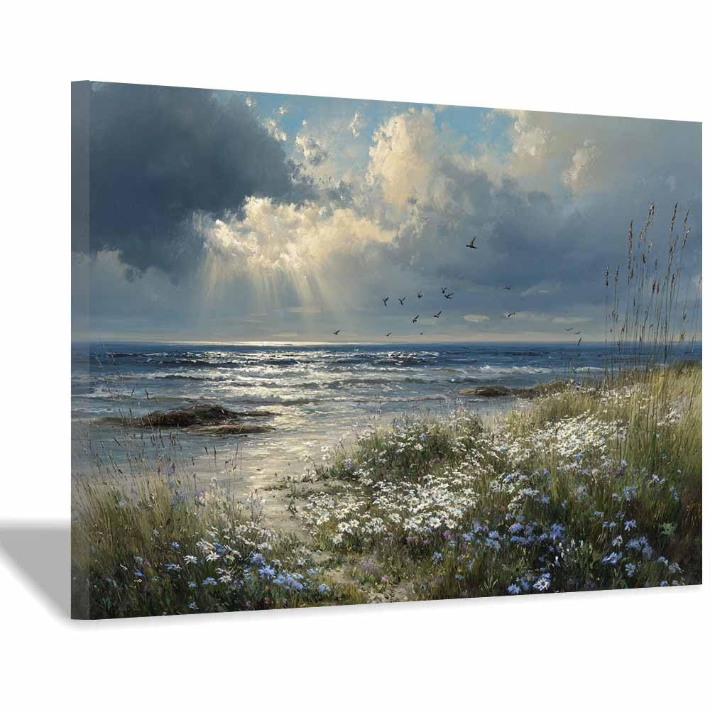 DMZPKZB Modern Landscape Picture Wildflower Beaches es Sunset Viewss Canvas Wall Art,Minimalism Scenery Painting,for Dining,Bathroom, Living Room, Bedroom,Corridor(Multicolor)-60x90cm Framed