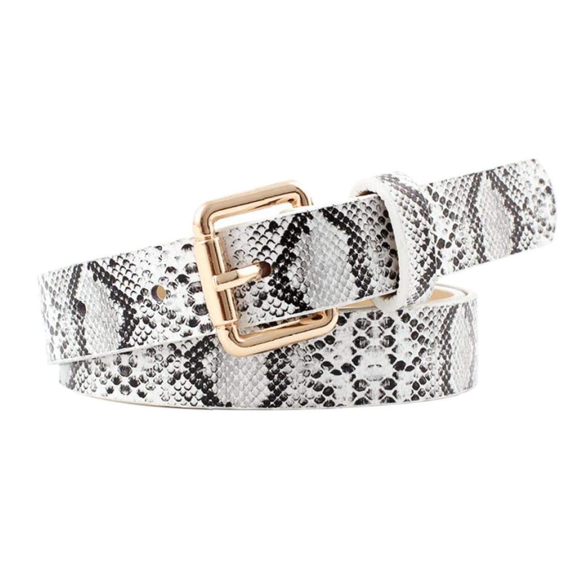 Byfri Women's White Skinny Belts Snakeskin Embossed Pu Leather Dress Waist Belt With Buckle