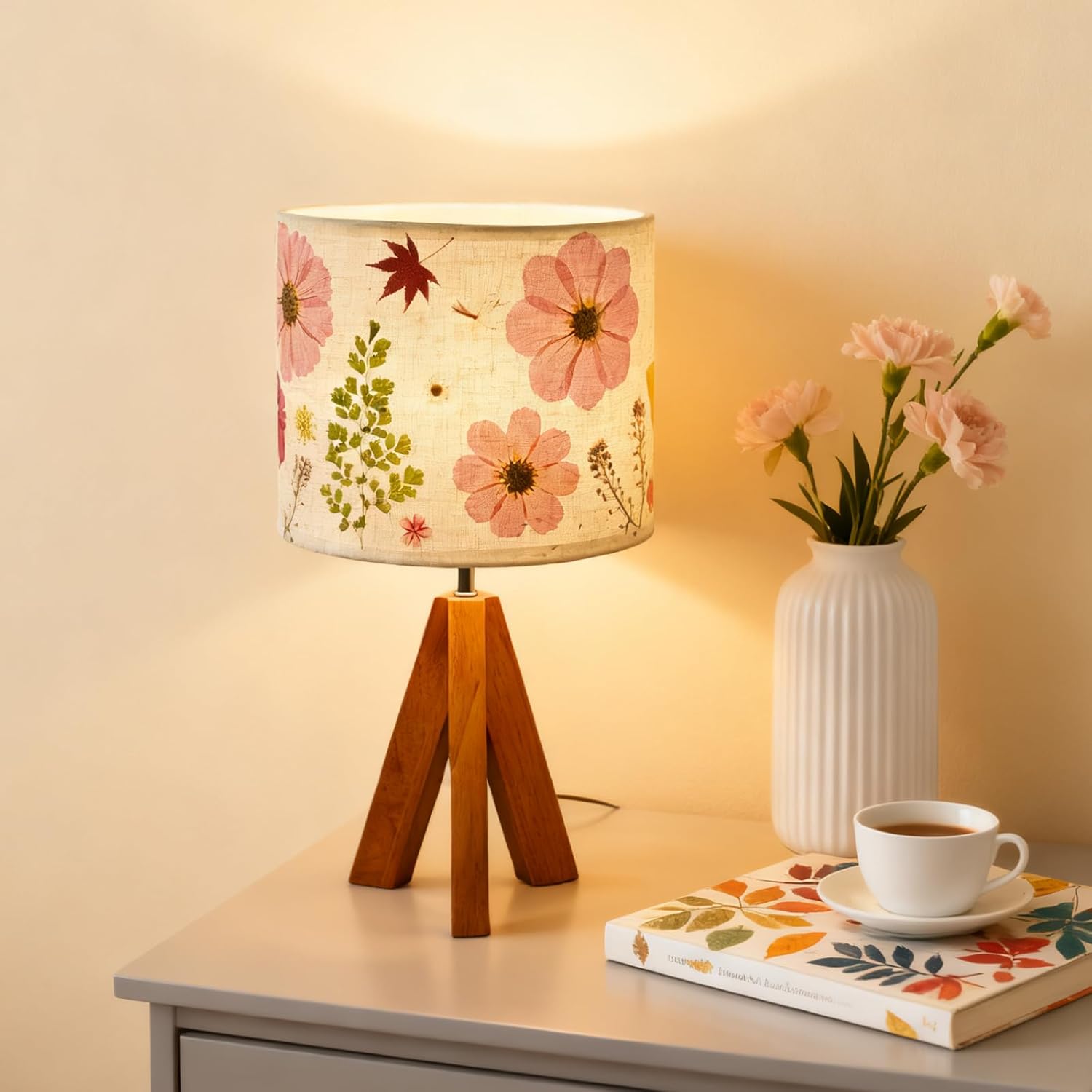 Dried Flowers Tripod Table Lamp 14.56in, 9W LED 3-Color Cute Bedside Lamp with Flowers Linen Lampshade for Nursery, Bedroom, Kid Room, Living Room, Light Brown Wooden Base