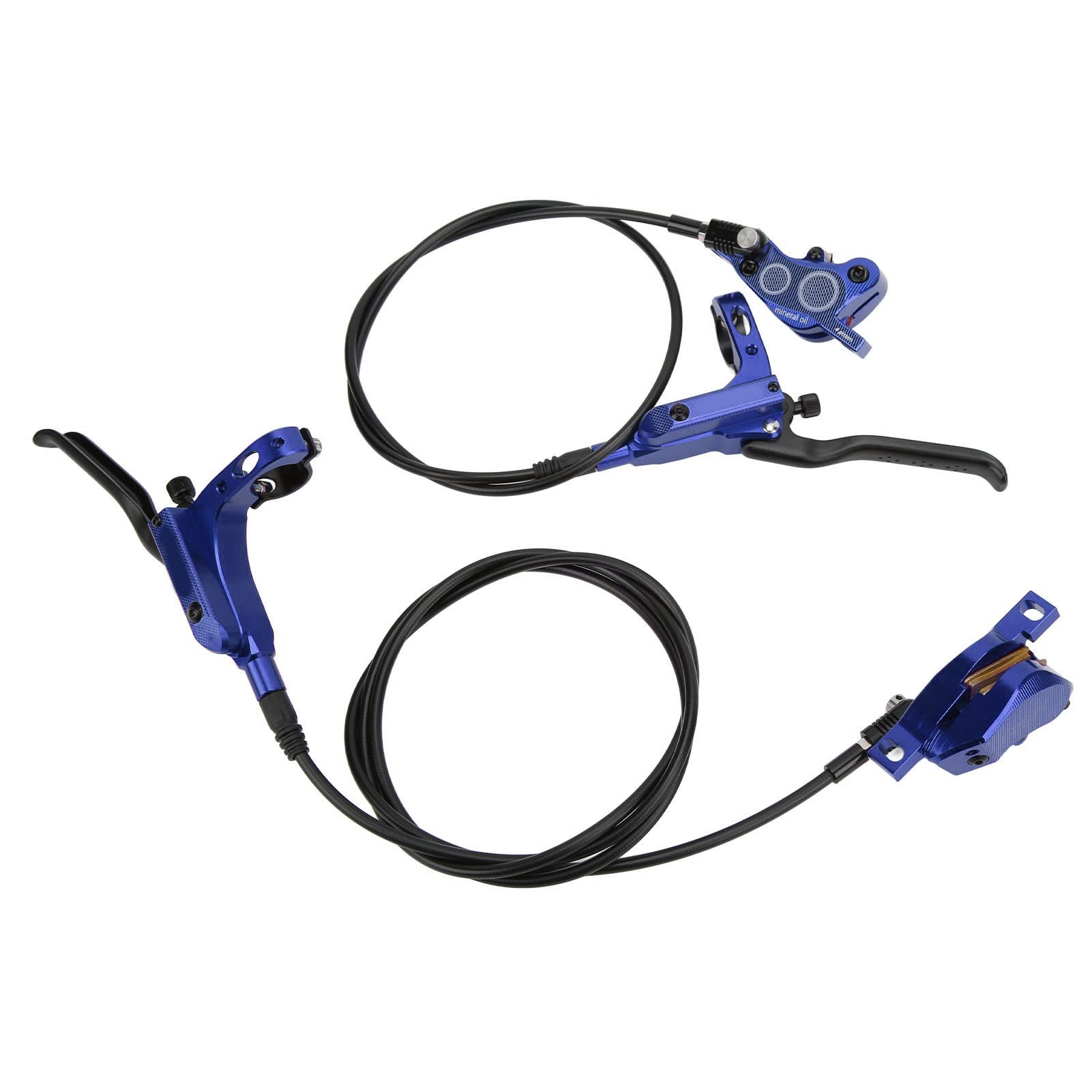 equlup Mountain Bike Hydraulic Disc Brake set, 4 Piston Front Rear Brake with Screw and Olive Head, Oil Needle, Mounting Column for Most Bikes (Blue)