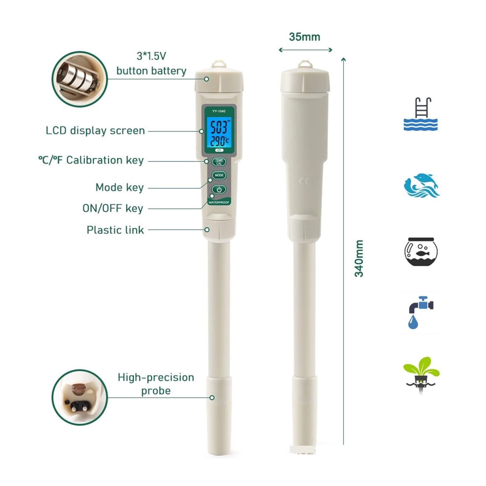 Tester dell'Acqua, Tester della qualità dell'Acqua 4 in 1, Penna for Test PH/EC/TDS/Temp for Coltura idroponica e Piscina