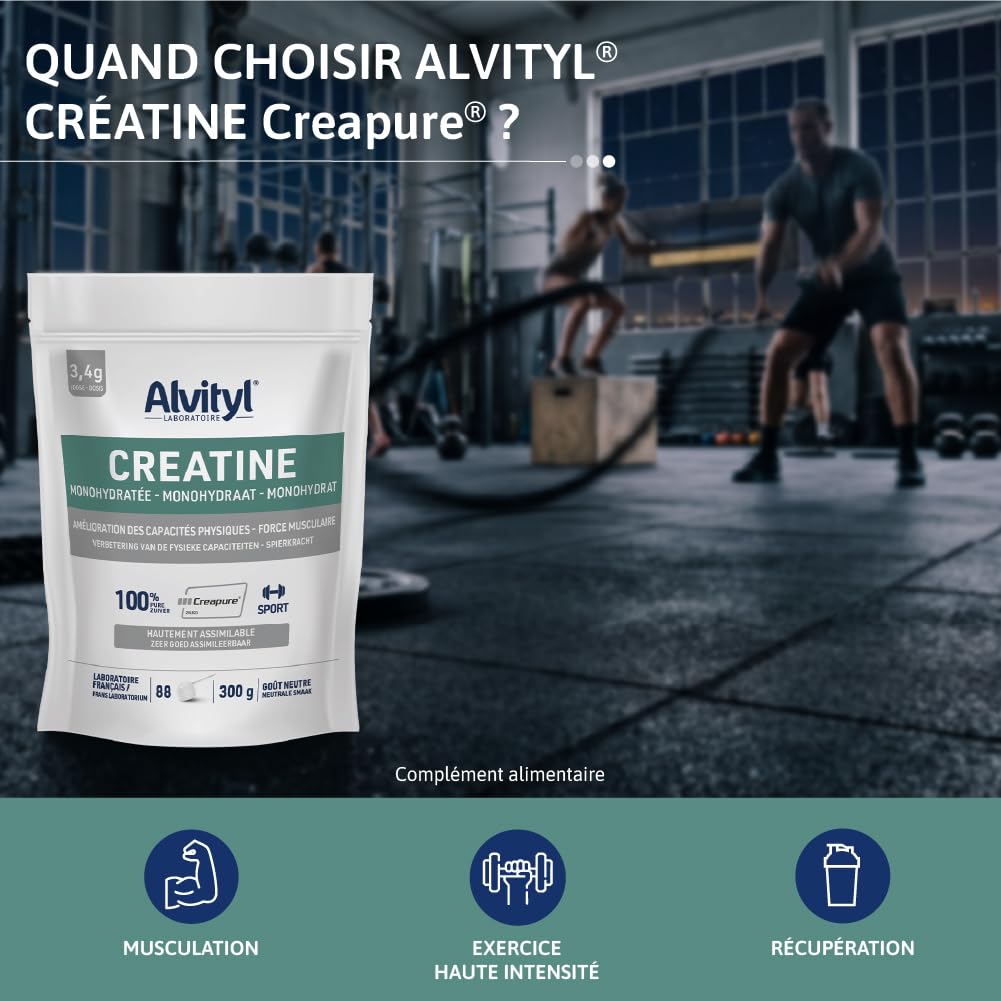 Alvityl Créatine Monohydratée Creapure 100% Pure Poudre 88 portions 300 g | Creapure® hautement assimilable, goût neutre, 3 g/jour, améliore les performances physiques, excerices hautes intensités