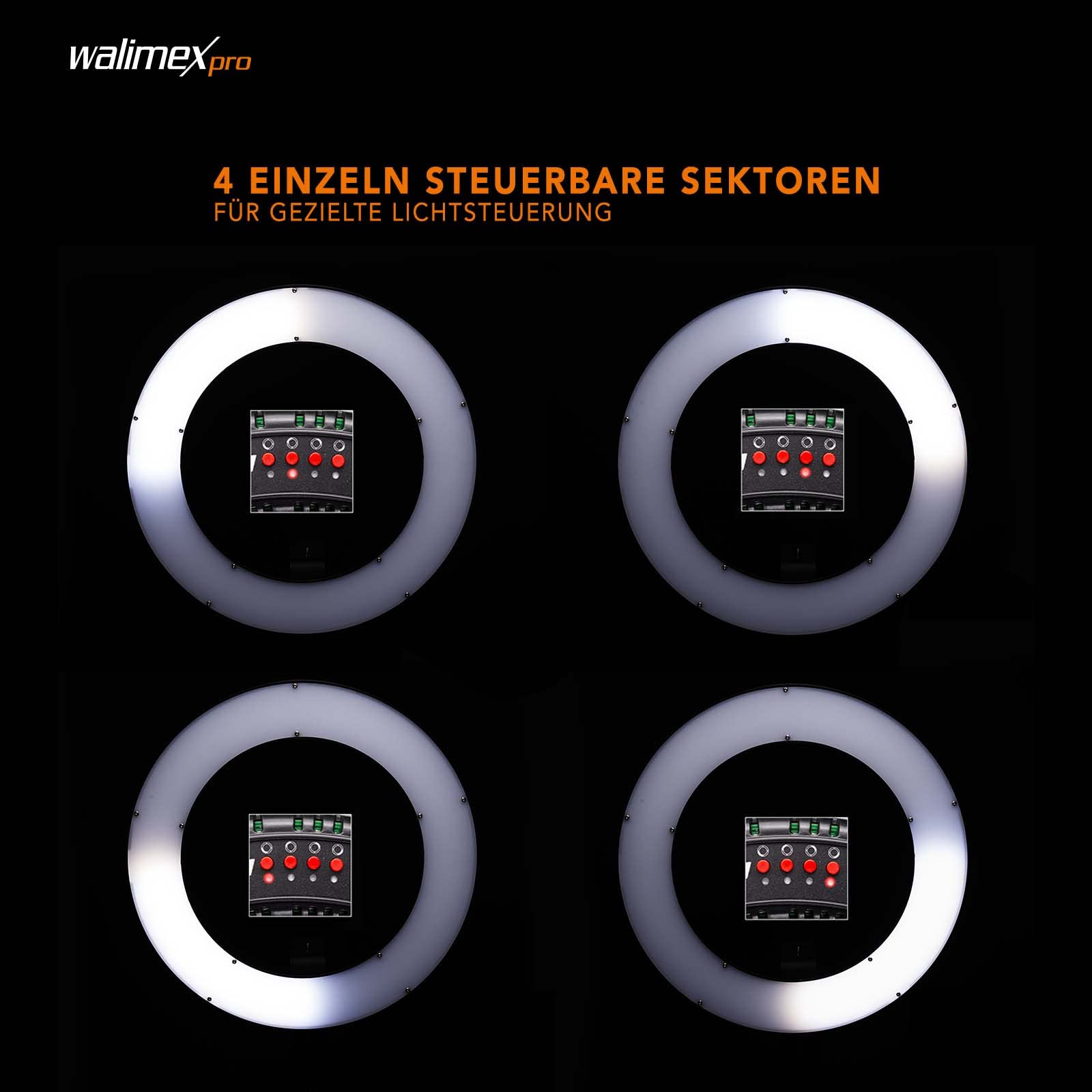 Walimex pro LED Ringleuchte 380 Bi-Color 23 W Set inkl. Stativ, leistungsstarkes Ringlicht mit schaltbaren Sektoren, Leuchtring dimmbar, Videoleuchte mit Zubehör