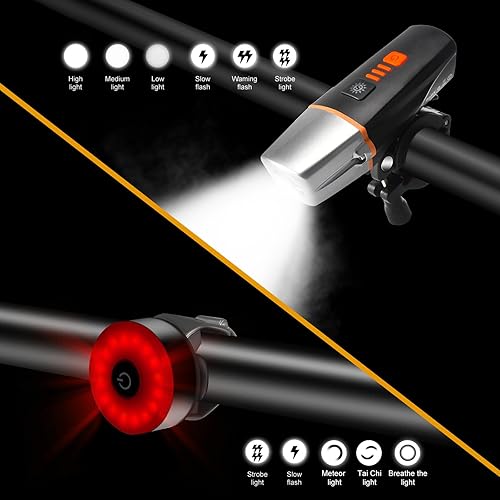 Miniatura 4 de Juego de luces delanteras y traseras para bicicleta, lámpara frontal automática inteligente, IP65 impermeable, 5 modos de luz trasera, reflectores