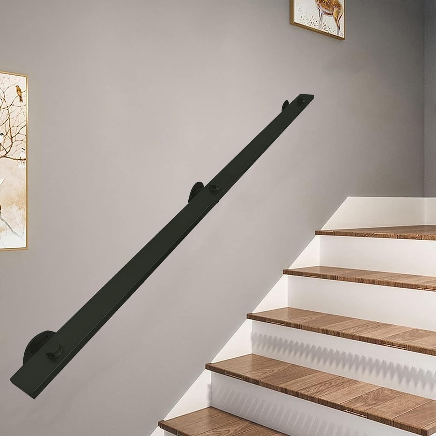 Staircase Handrails - Complete Kit, 1ft-20ft Hand Railings for Stairs Indoor Wrought Iron Stair Railing Black Metal Pipe Handrail with Wall Mount Support (Size : 2ft/60cm)