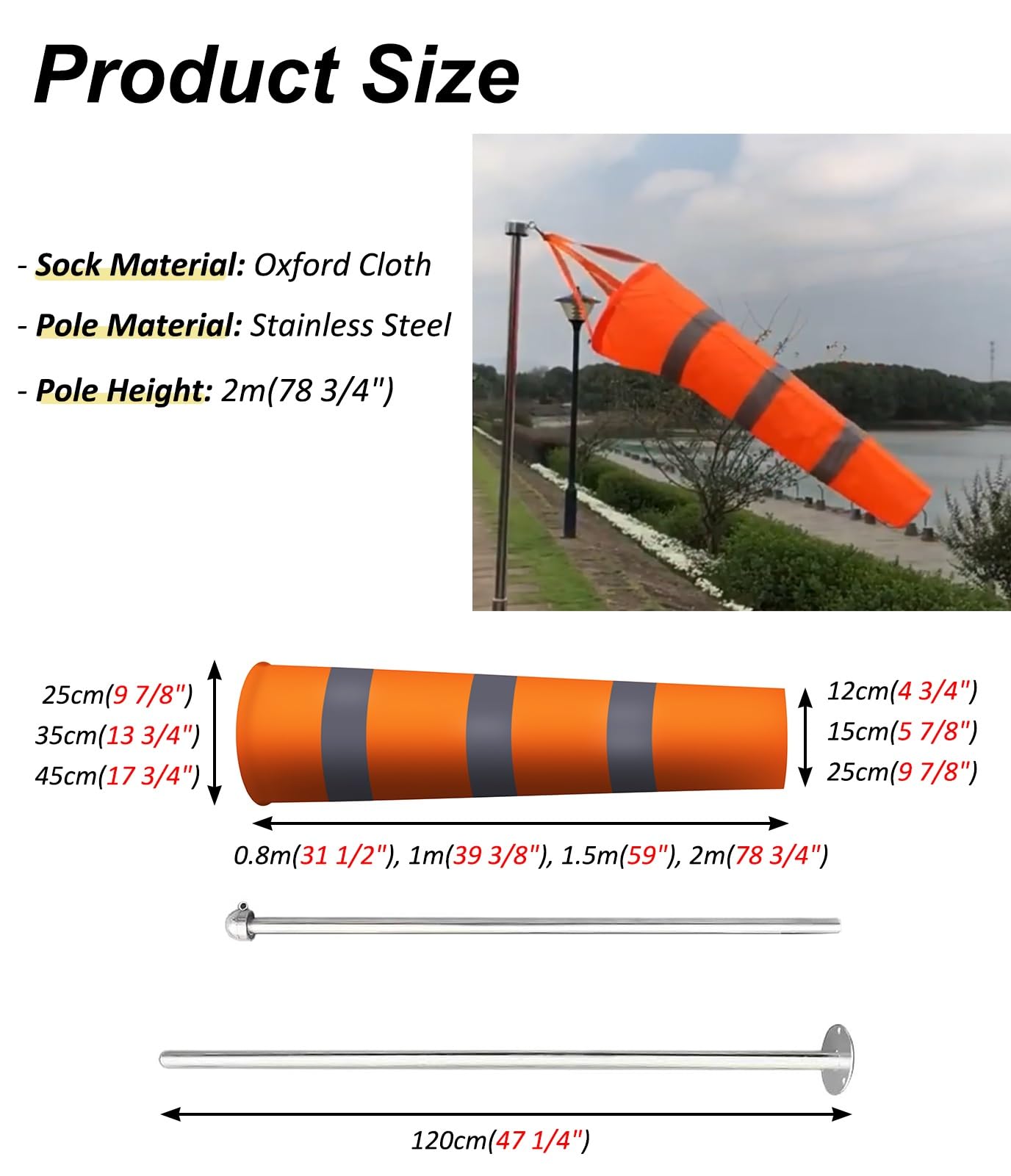 Windsack Komplettes Windsack Set mit Mast, Reflektierender Band Aviation Windsack, Außen Windrichtungsanzeiger, Oxford Stoff Windmessflagge(Red,L-0.8m(2.6ft))