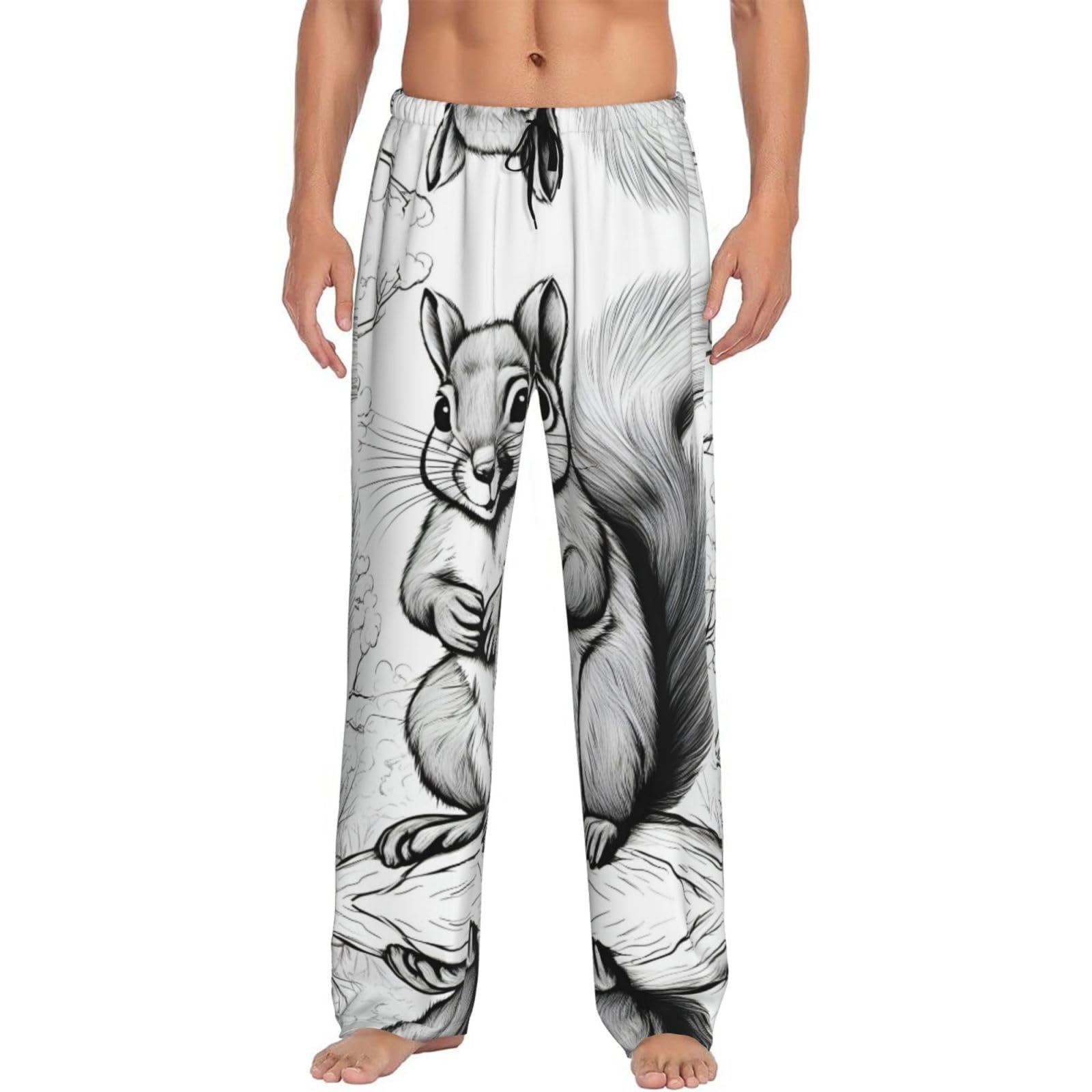 Jejea Men's Black Cartoon Squirrel Print Pajama Pants, Warm Lounge Pj Bottoms For With Pockets Drawstring Comfortable