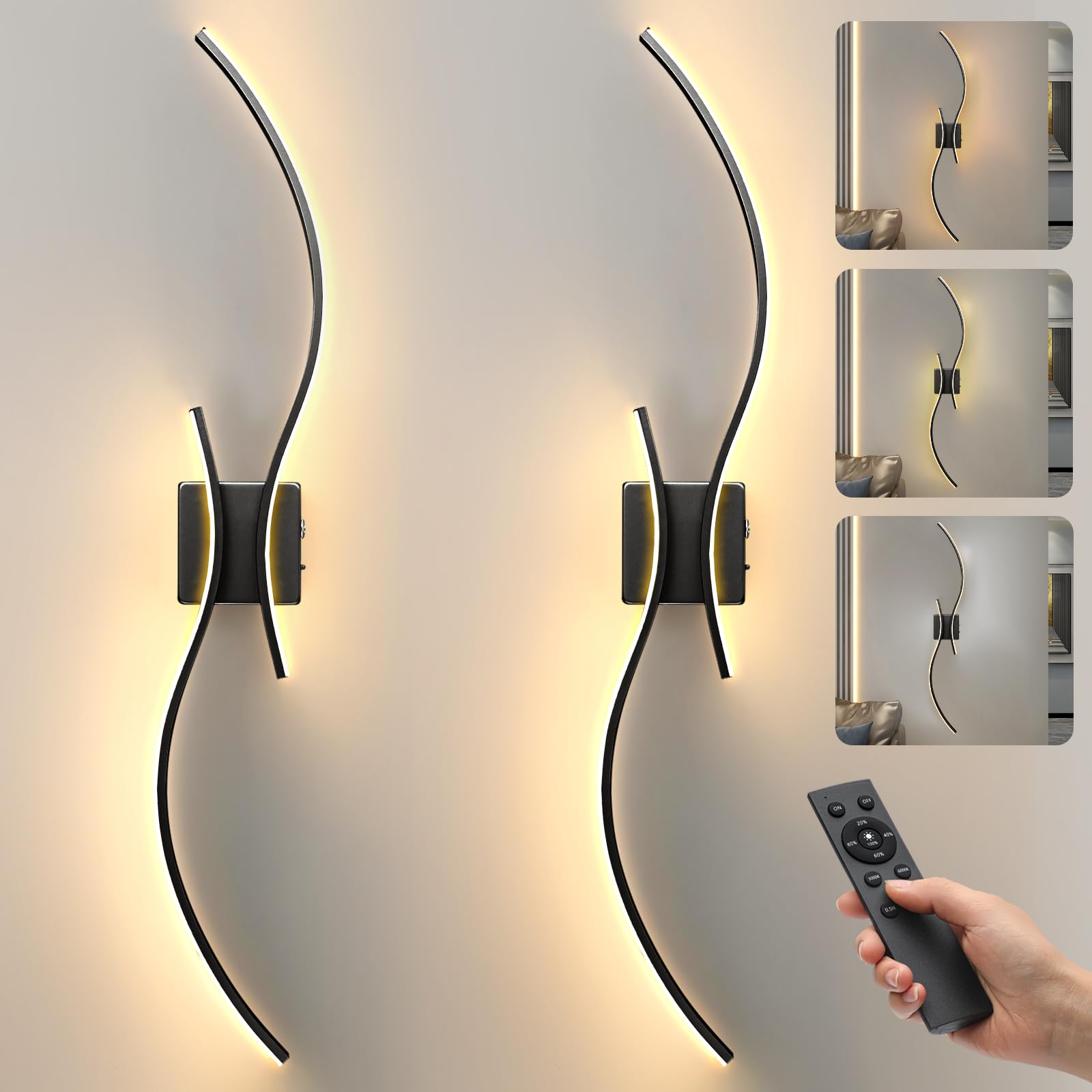 Photo 1 of Wireless Wall Sconces Set of 2, Wall Lights with Remote Control, Dimmable 3 Light Colors, LED Wall Lamps for Hallway, Living Room, Bedroom, 39.3 Inch, Black 2 Pack