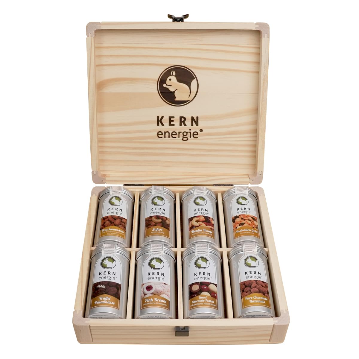 KERNenergie Geschenkset In Holzbox - frisch geröstete Nüsse in eleganter Holzbox, Nussmischungen, schokolierte Nüsse & Früchte und gebrannte Haselnüsse - Ein Geschenk für Jeden Anlass – 750g