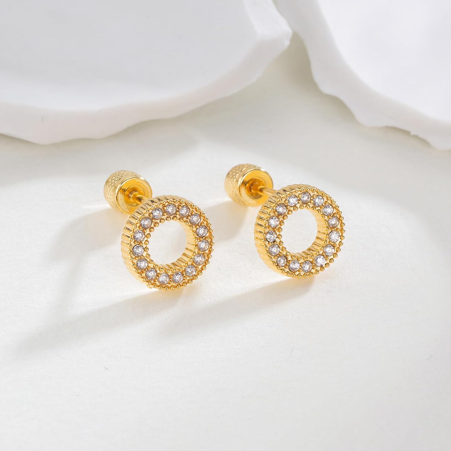 Seraphina 14K Gold Plated Circle Halo Stud Earrings for Women Cubic Zirconia Hypoallergenic Screw Back Flatback Cartilage Helix Earrings - Image 3