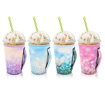 4Pack Reusable Iced Coffee Sleeve Insulator Sleeves for Cold Drinks Beverages, Neoprene Cup Holder for Most Coffee, Fits 22-24oz Medium Cups (Glitter with handle)
