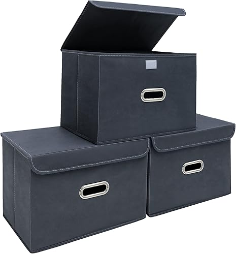 Miniatura 1 de STOREONE Contenedores de almacenamiento de tela, contenedor organizador plegable con tapas y asas de metal, para el hogar, dormitorio, armario, 3