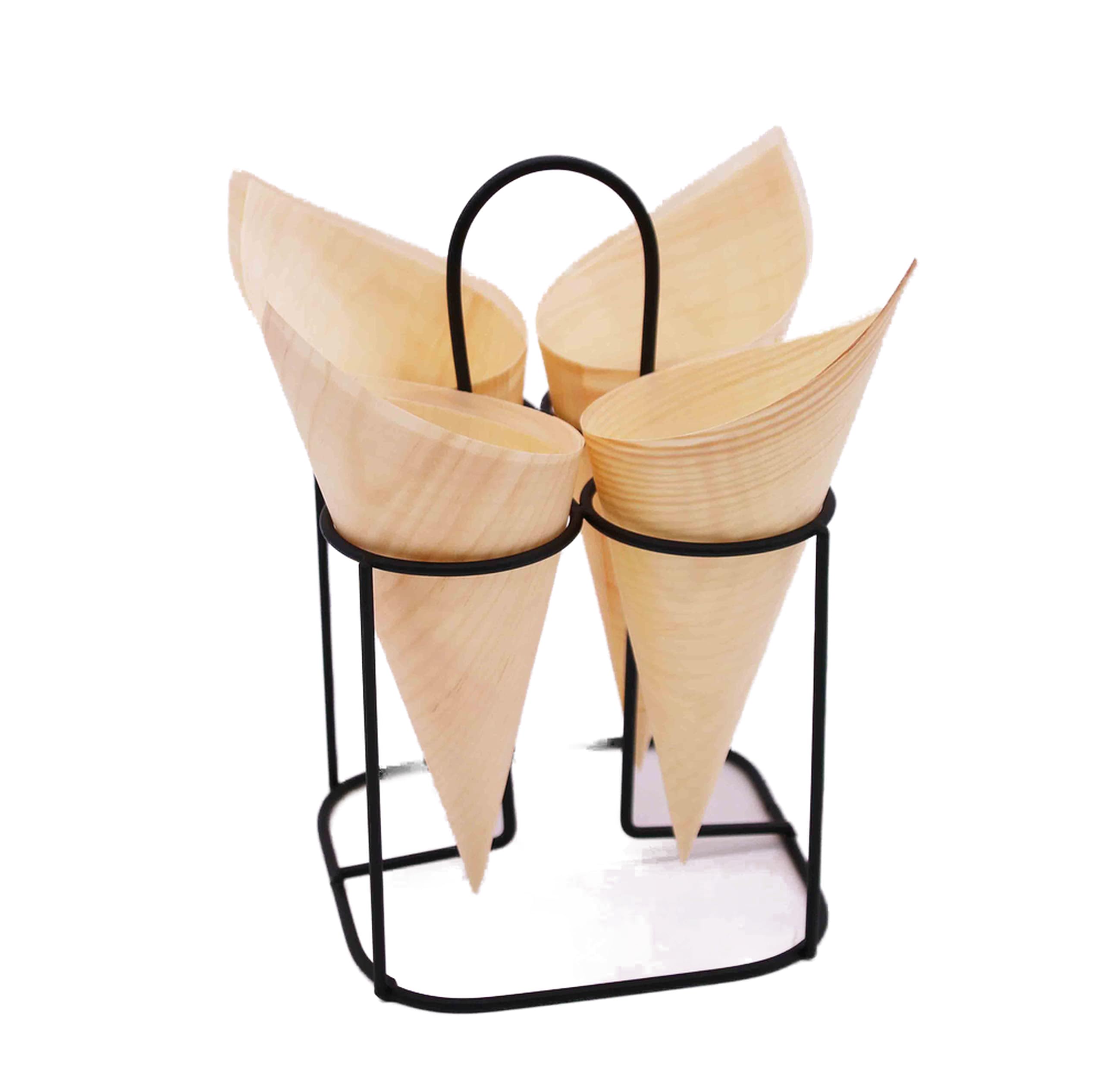 Cuisine Art 5Pcs Wooden Cone Set With Metal Stand Ice Cream Or Food Paper Holder Display Rack Server For Home Kitchen And Commercial Use Cbb92324, Multicolour