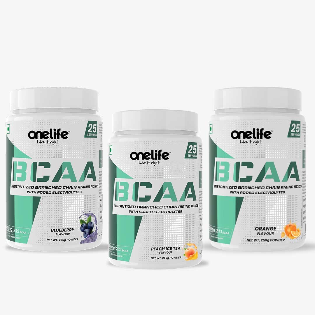Sponsored Ad - Onelife BCAA 6000mg Post Workout Supplement for Lean Muscle growth and recovery Combo Flavour - Blueberry, Peach Ice Tea, Orange - Net Wt- 250 gm of Each BCAA Pack of 3