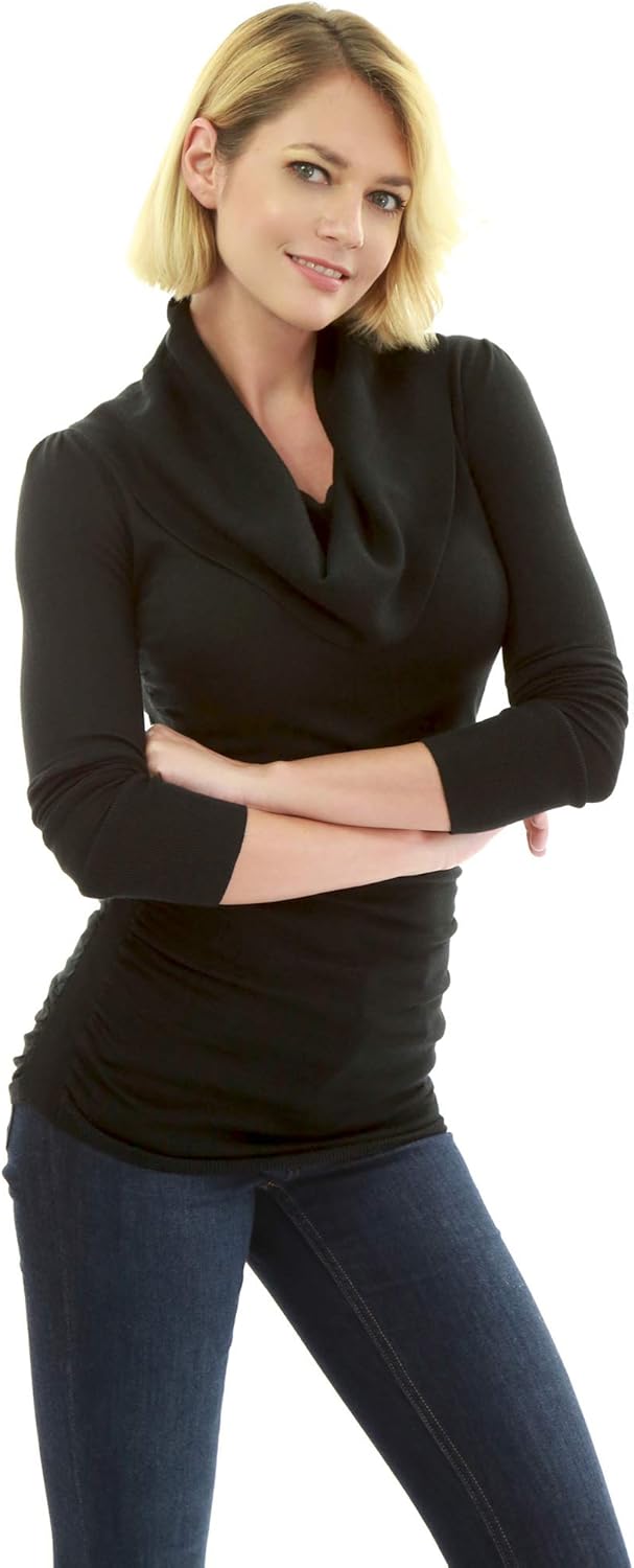 AmélieBoutik Women Casual Slim Fit Cowl Neck Long Sleeve Ruched Sides Pullover Tunic Sweater - Image 5