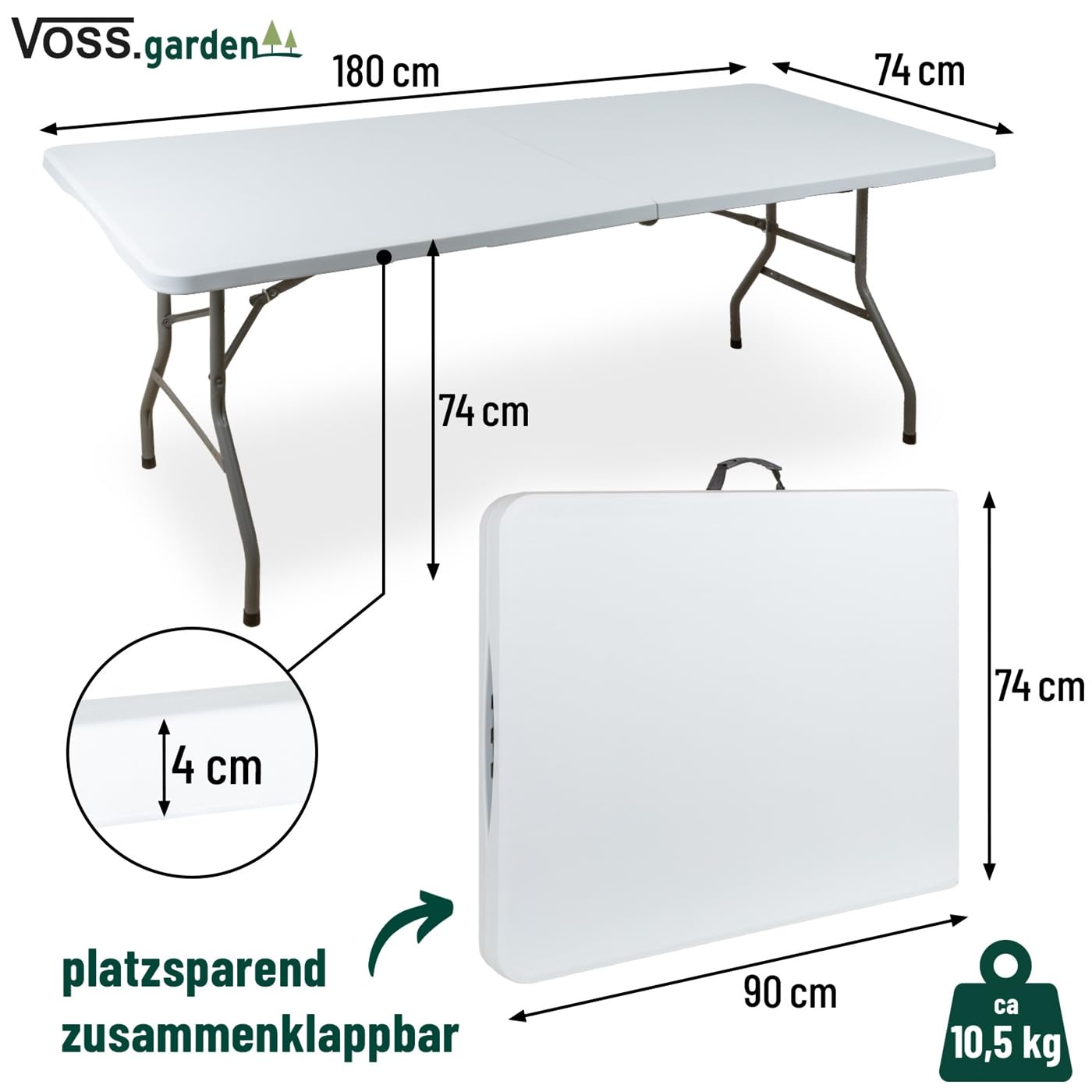 VOSS.garden 2X Klapptisch 180x74x74cm, Campingtisch, Gartentisch, Kunststoff & Stahlgestell
